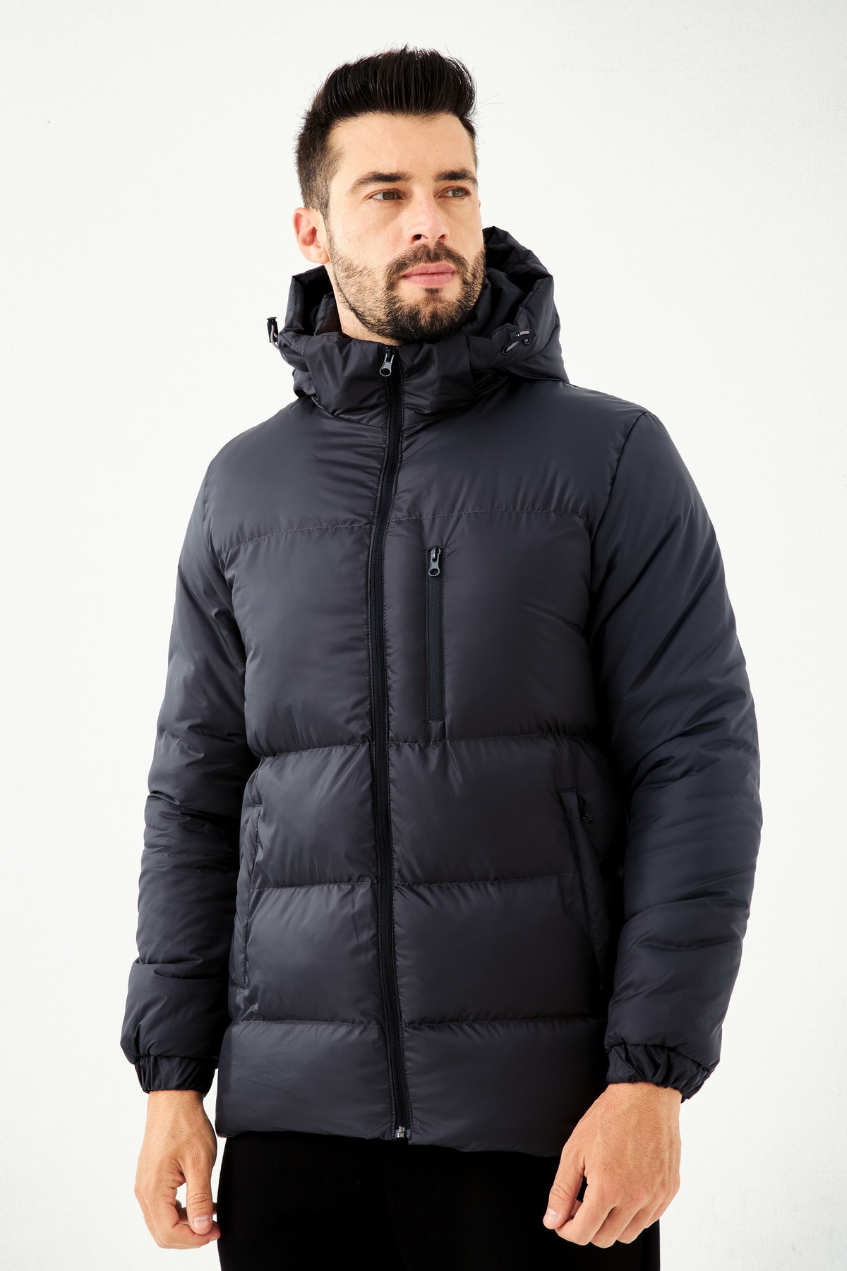Levně River Club Men's Navy Blue Fibrous Hooded Water And Windproof Puffer Winter Coat