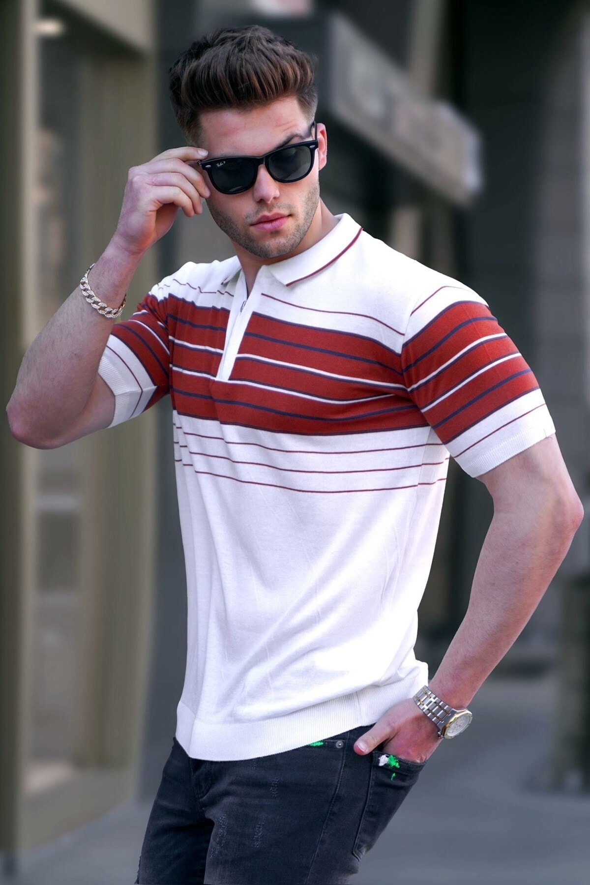 Levně Madmext Men's White Polo Neck Zippered T-Shirt 5733
