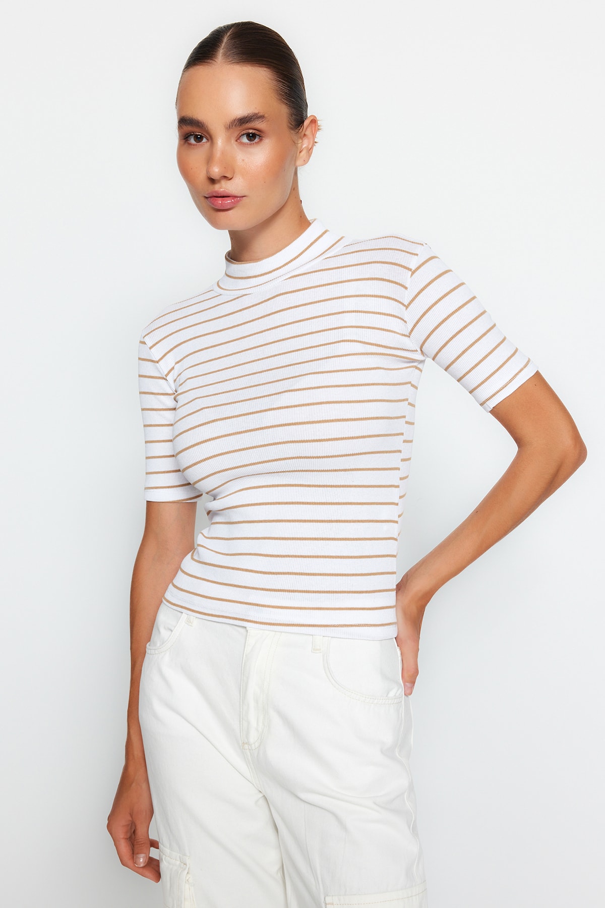 Trendyol Camel Stripe Standing Collar Fitted/Simple Short Sleeve Flexible Ribbed Knitted Blouse