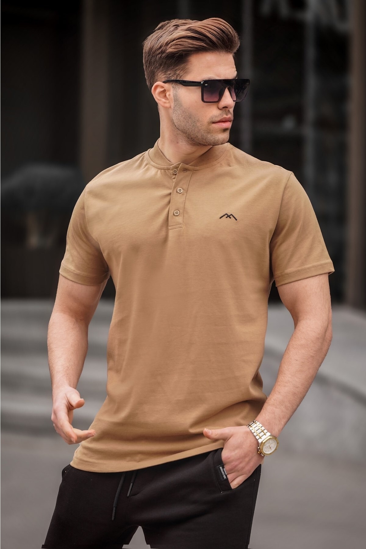 Levně Madmext Cappuccino Colored Collar Men's T-Shirt 6067