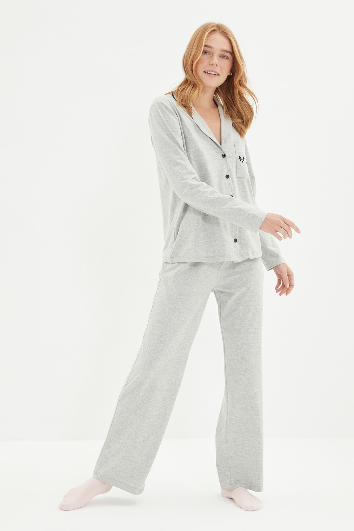 Levně Trendyol Gray Cotton Embroidered Knitted Pajama Set