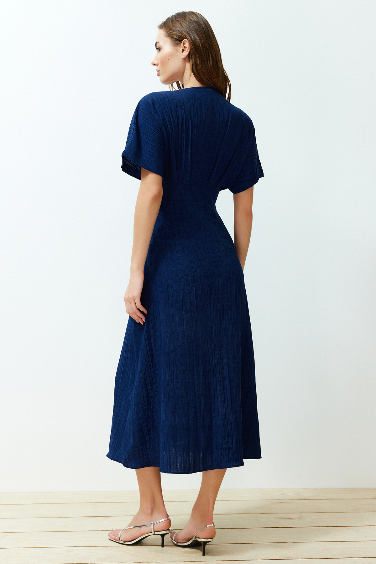 Trendyol Navy Blue A-Line Bodice Detailed V-Neck Maxi Woven Dress