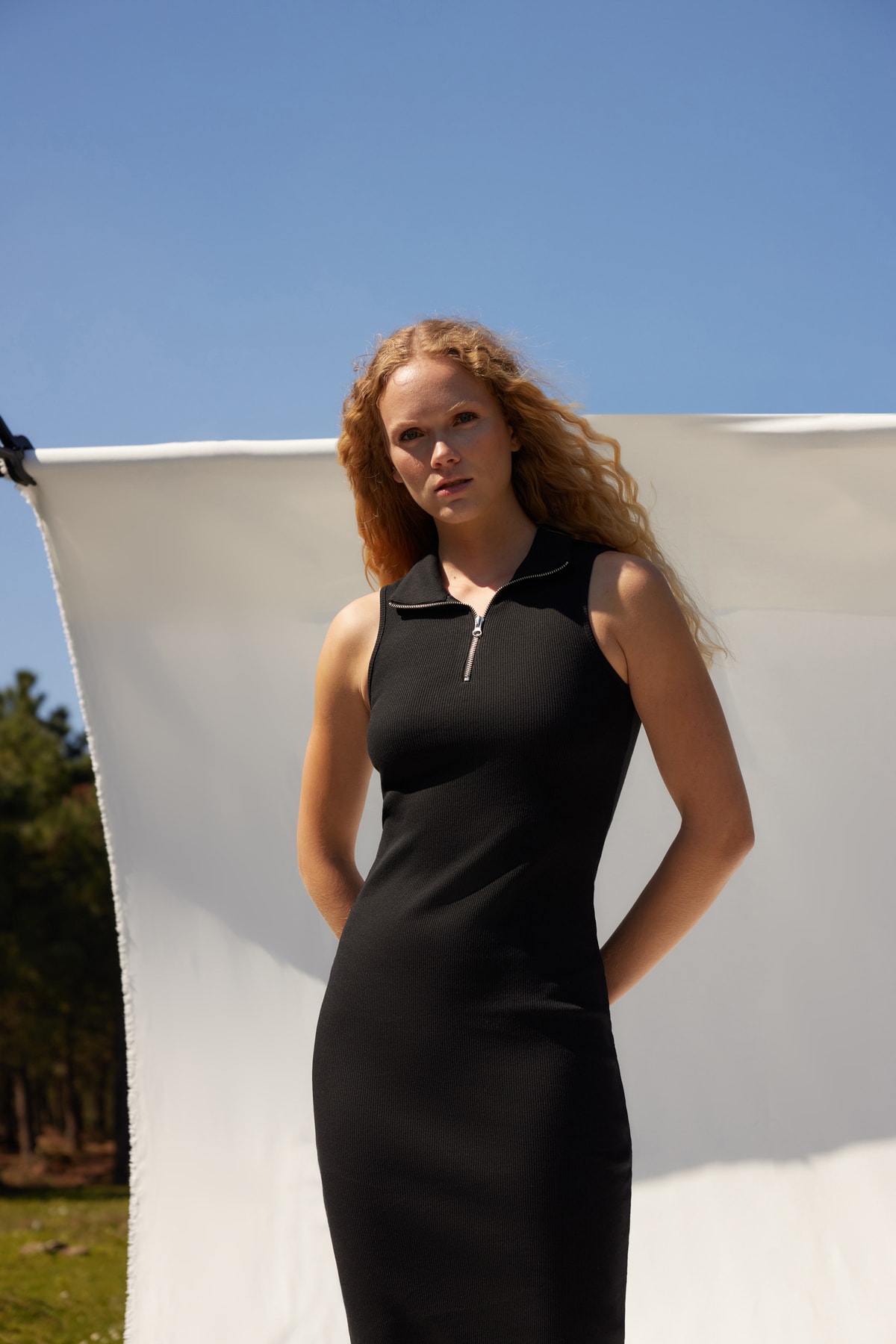 Trendyol Black More Sustainable Zipper Detail, Fitted Ripple Midi, Flexible Knitted Dress