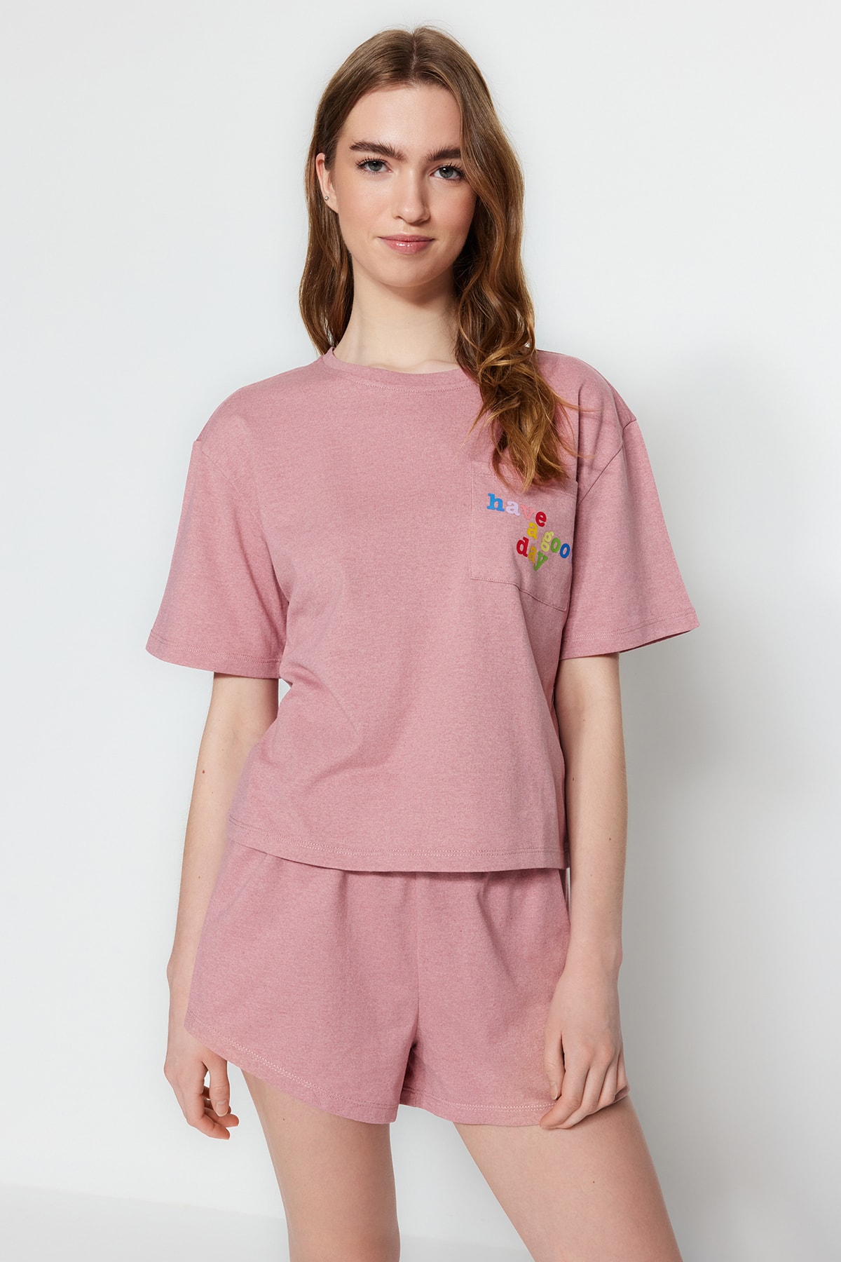 Levně Trendyol Pink 100% Cotton Motto Printed T-shirt - Shorts Knitted Pajamas Set