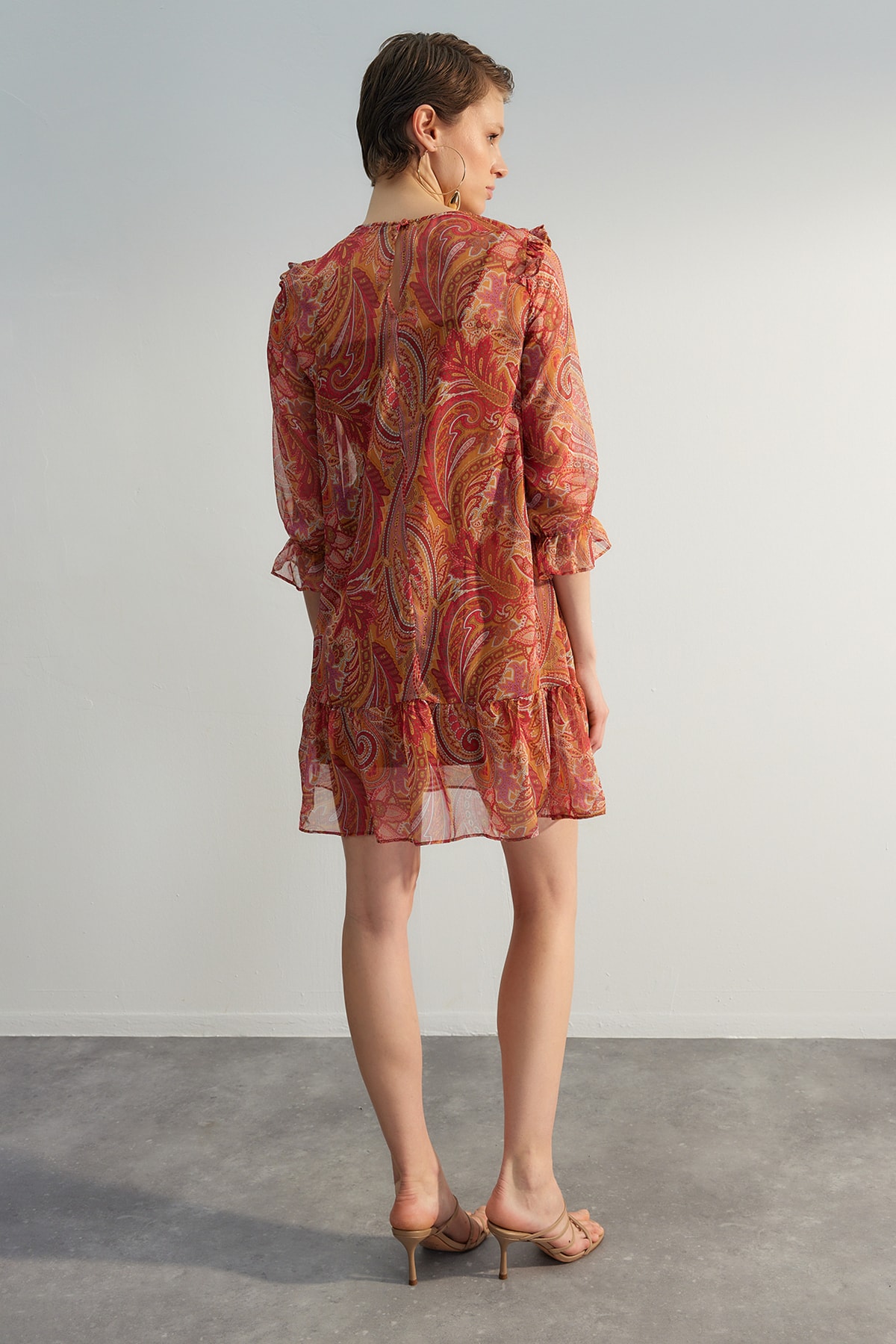 Trendyol Tile Plain Cut Mini Weave Chiffon Lined Ruffle Paisley Model Rochie Rochie