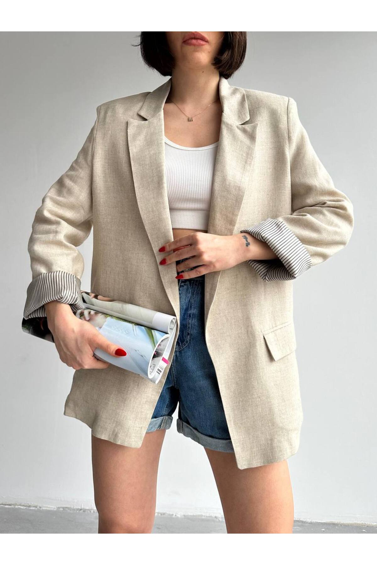 Laluvia Stone Color 100% Cotton Lined Linen Jacket