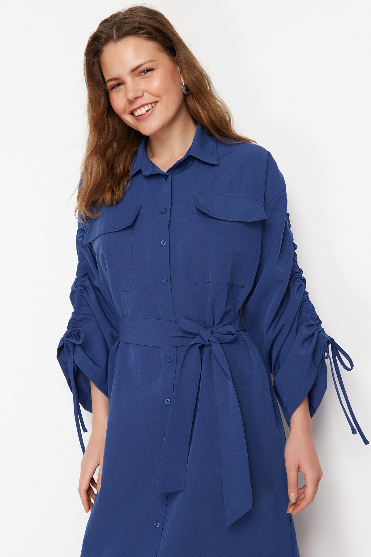 Trendyol Saks Belted Cotton Woven Shirt Dress with Adjustable Sleeves Detail
