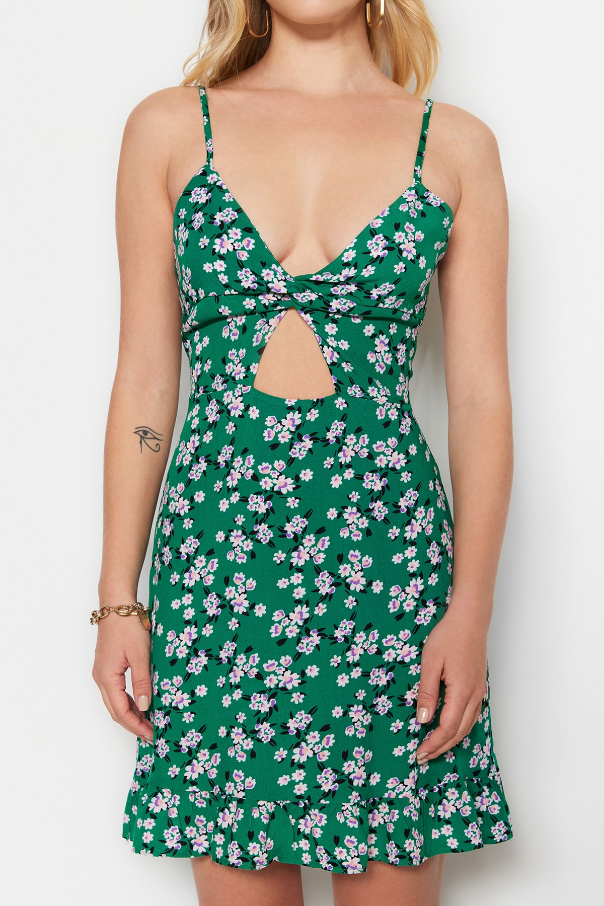 Rochie mini țesută florală Trendyol Green A-Line cu detaliu la fereastră/decupaj