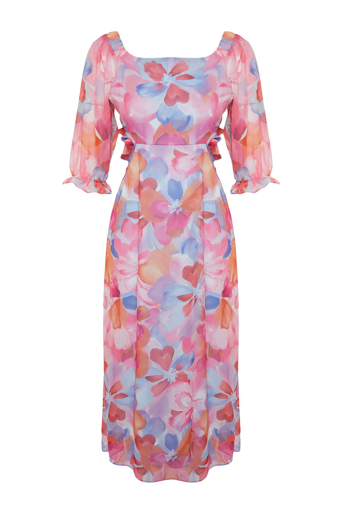 Trendyol Pink Floral Patterned A-Line Madonna Collar Chiffon Lined Maxi Woven Dress