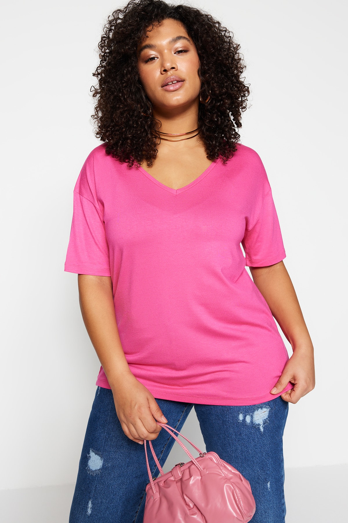 Levně Trendyol Curve Pink Collar Detailed Knitted T-Shirt