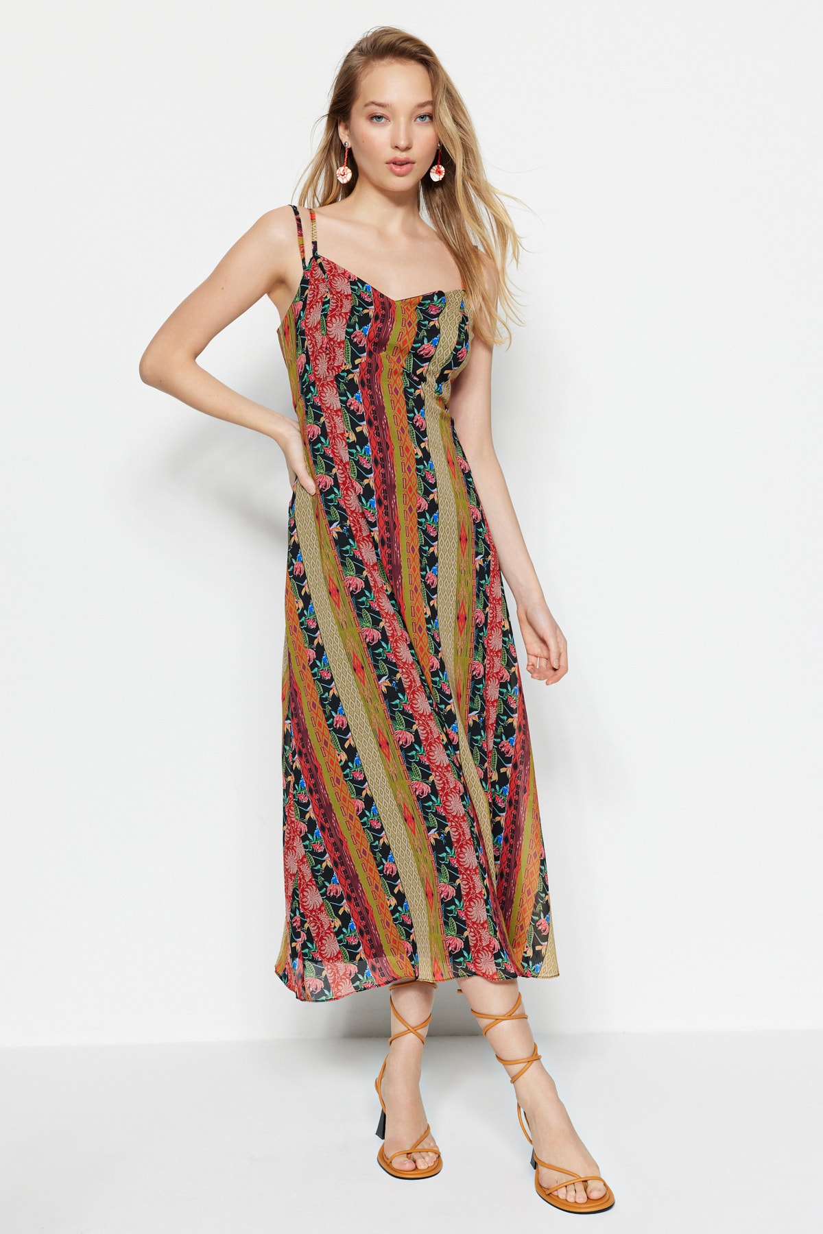 Trendyol Multicolored Patterned A-Cut Strap Midi Lined Woven Dress