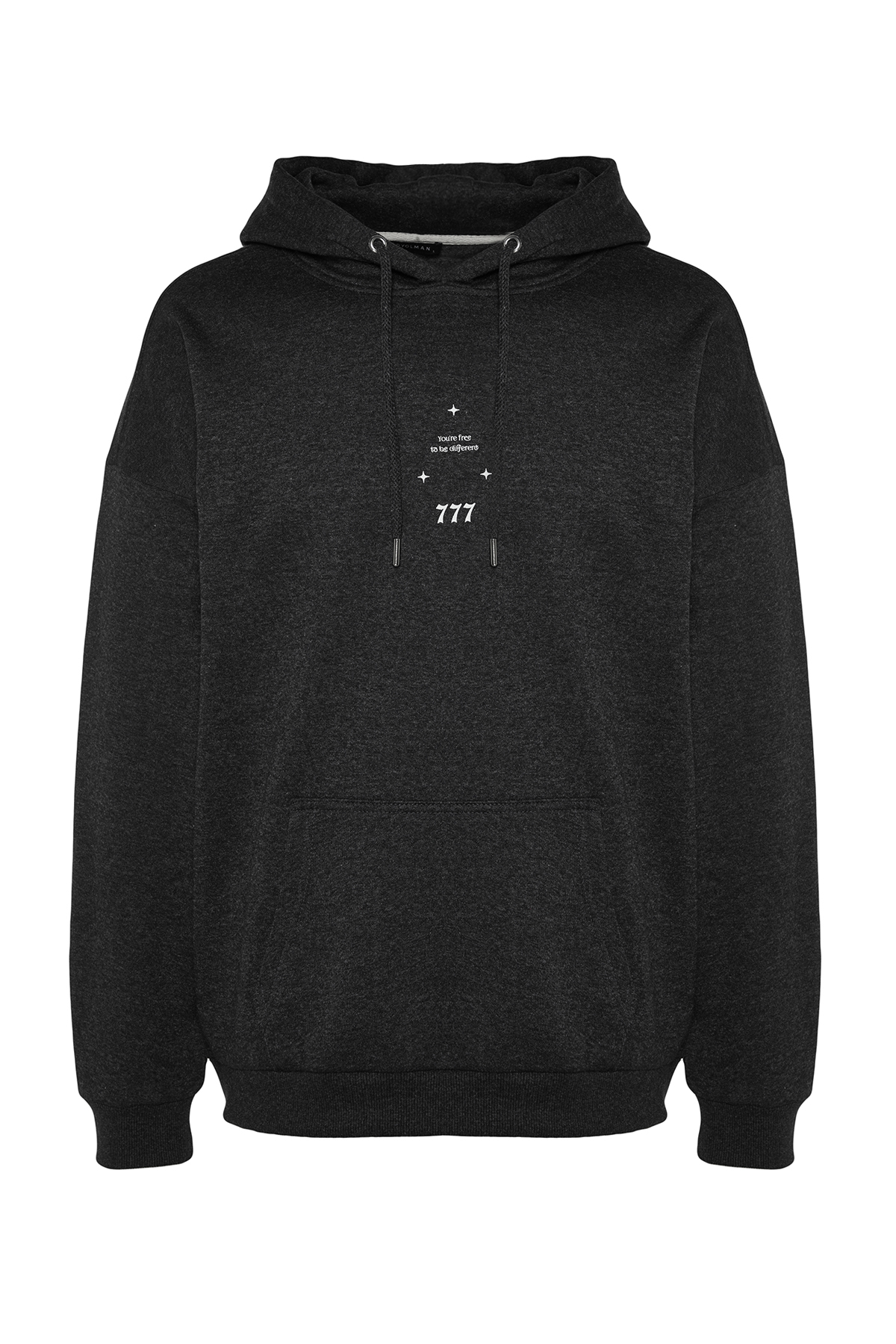 Levně Trendyol Anthracite Oversize/Wide-Fit Hooded Space Printed Fleece Sweatshirt