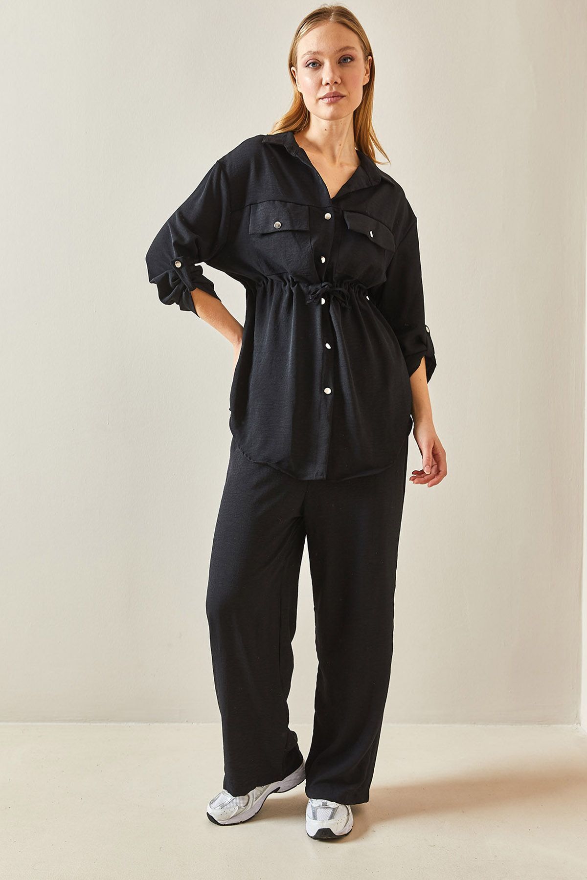 XHAN Black Waist Gathered Double Loose Suit