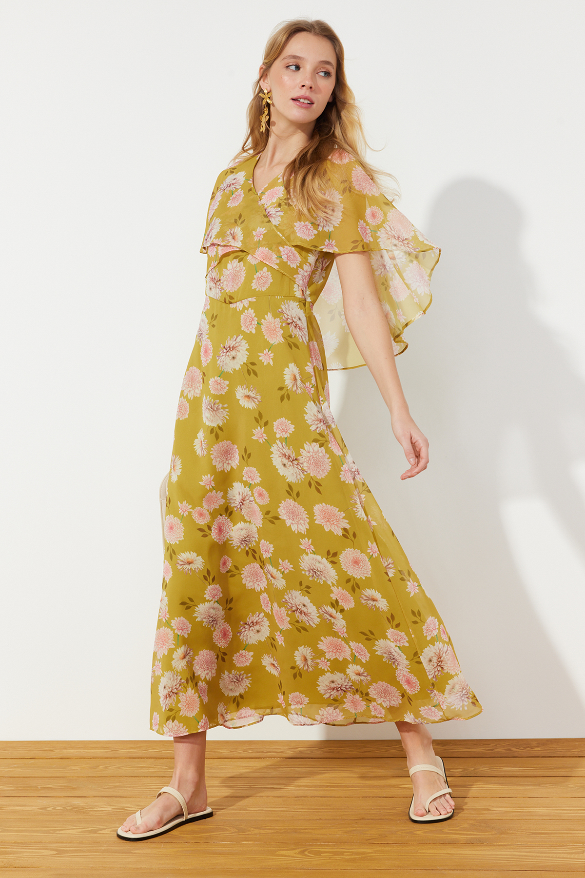 Trendyol Mustard Floral Half Sleeve Lined Woven Chiffon Dress