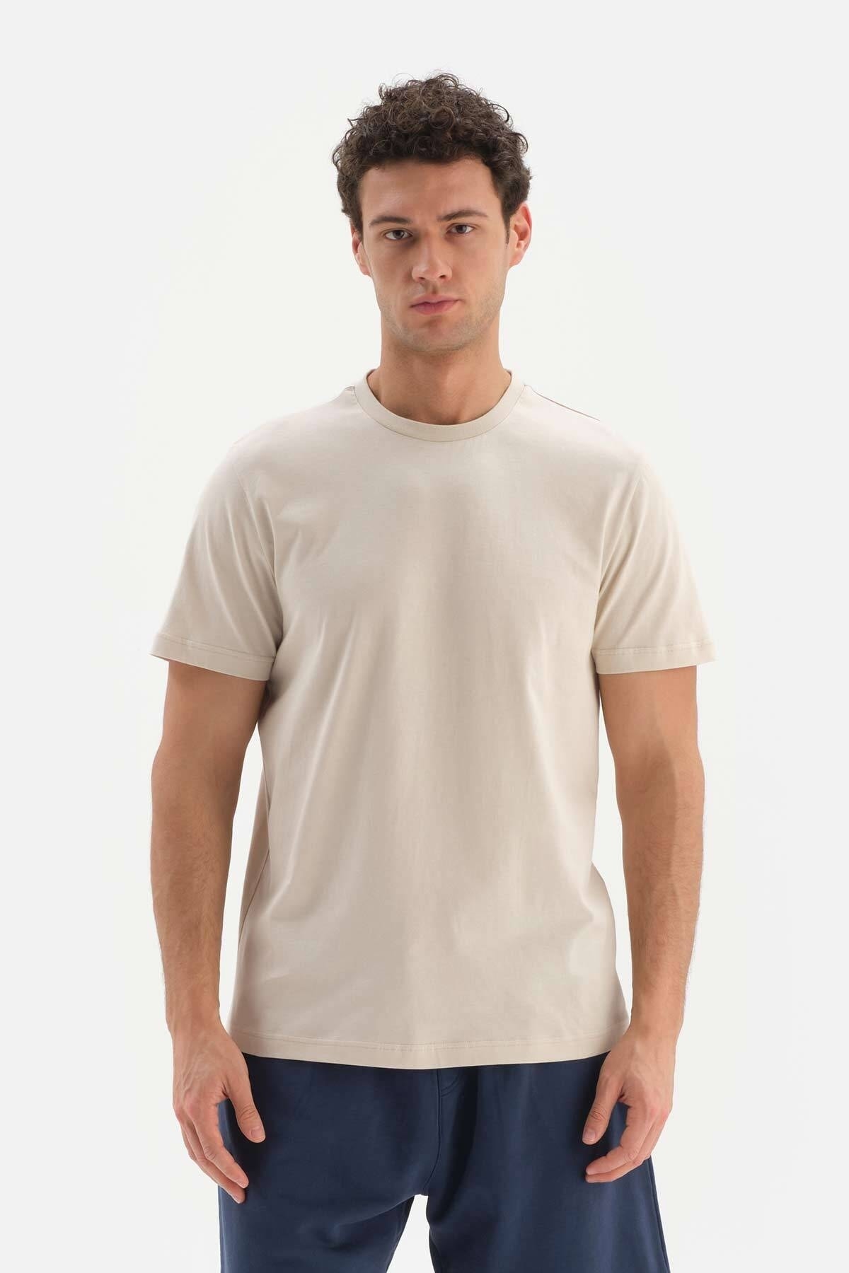Levně Dagi béžové bavlněné tričko s krátkým rukávem Supima Crew Neck