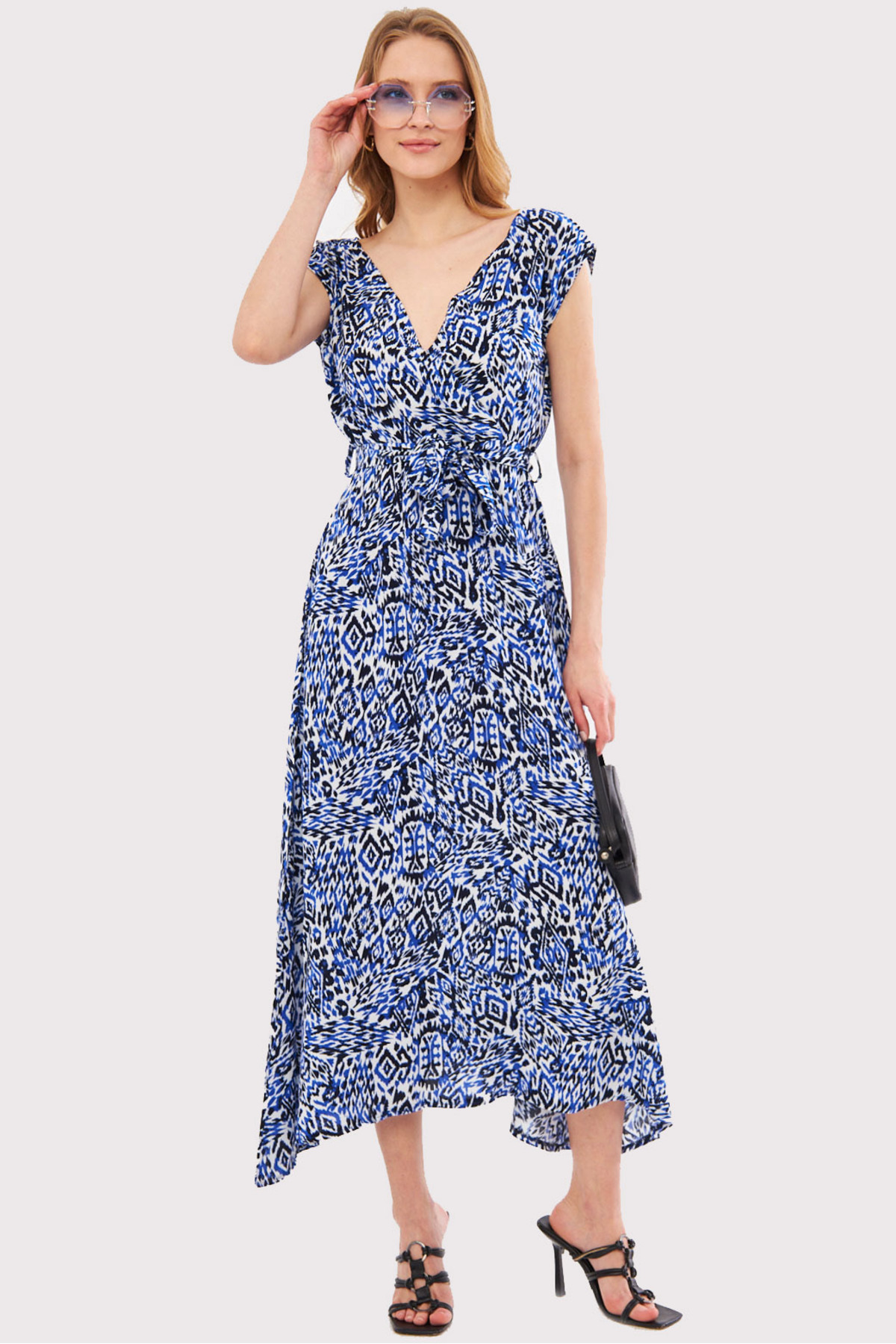 armonika Women's Saks Efta Dress Back And Front Side Double Breasted Belted Patterned Midi Length