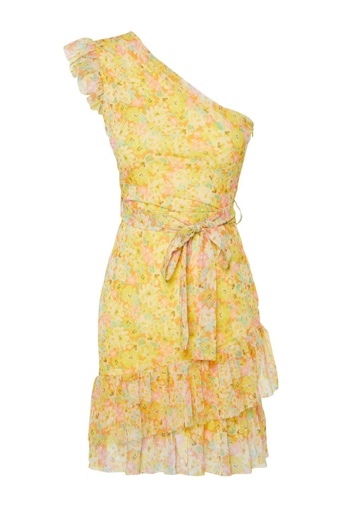 Trendyol Multicolored Patterned One Sleeve Detailed Ruffle Lined Flexible Knitted Mini Dress