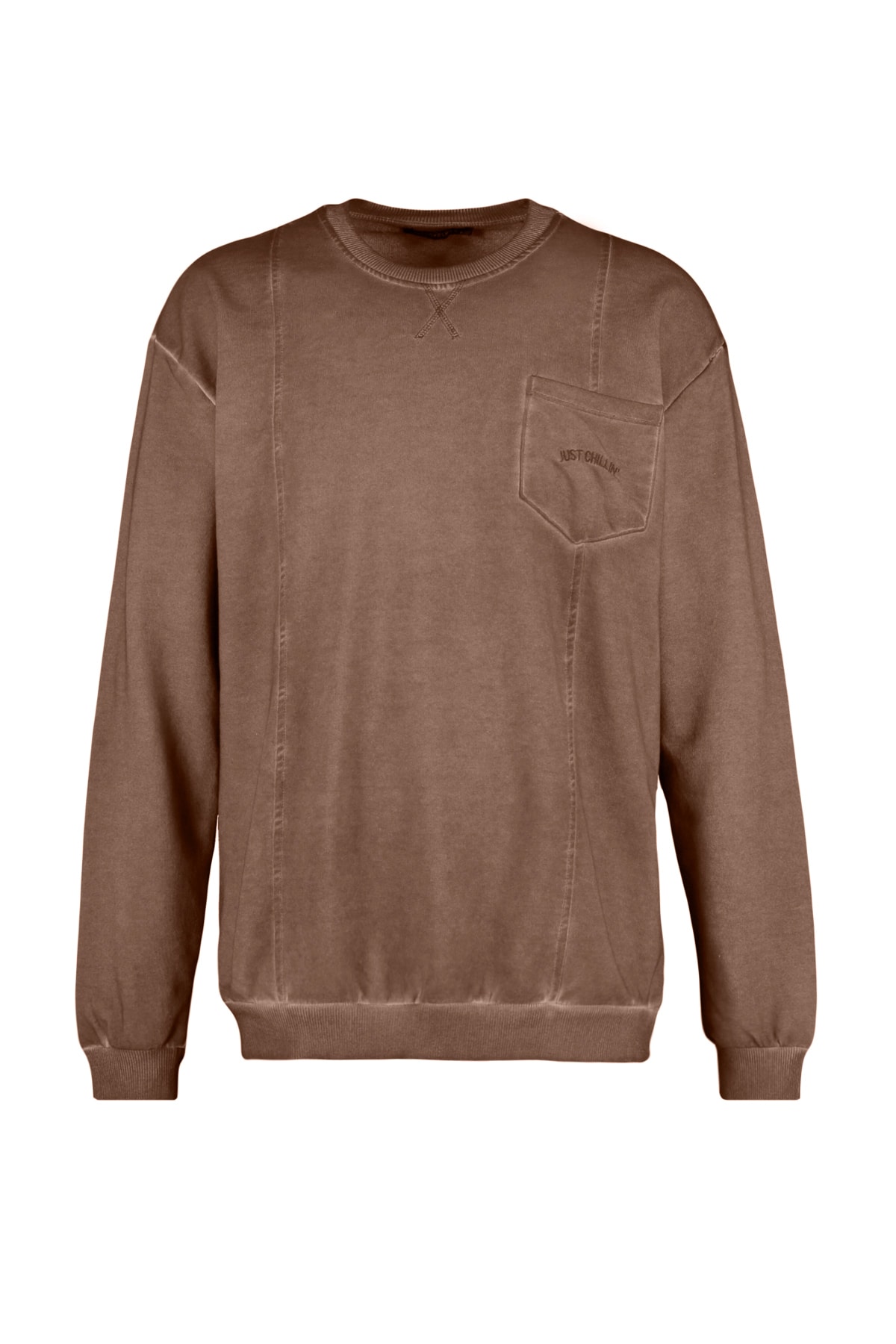 Trendyol Brown Men's Relaxed Fit Crew Neck Long Sleeve Embroidered Pocket Sweatshirt