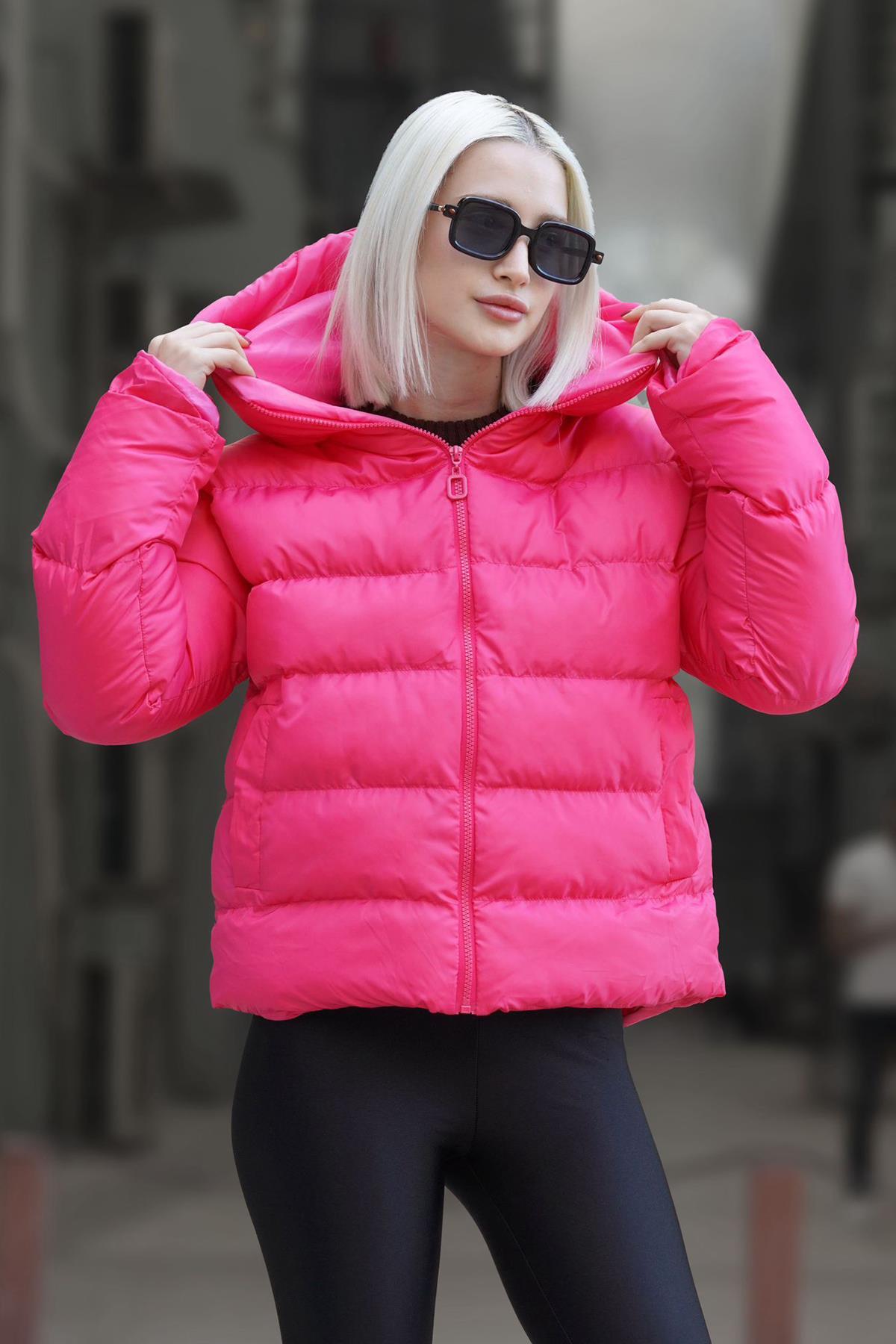 Levně Madmext Women's Dark Pink Hooded Puffer Coat