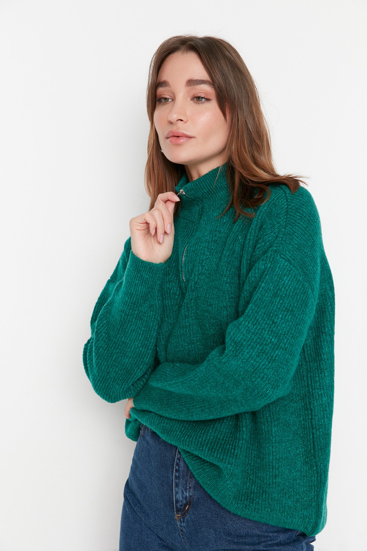 Trendyol Green Soft Textured Zippered Knitwear Sweater