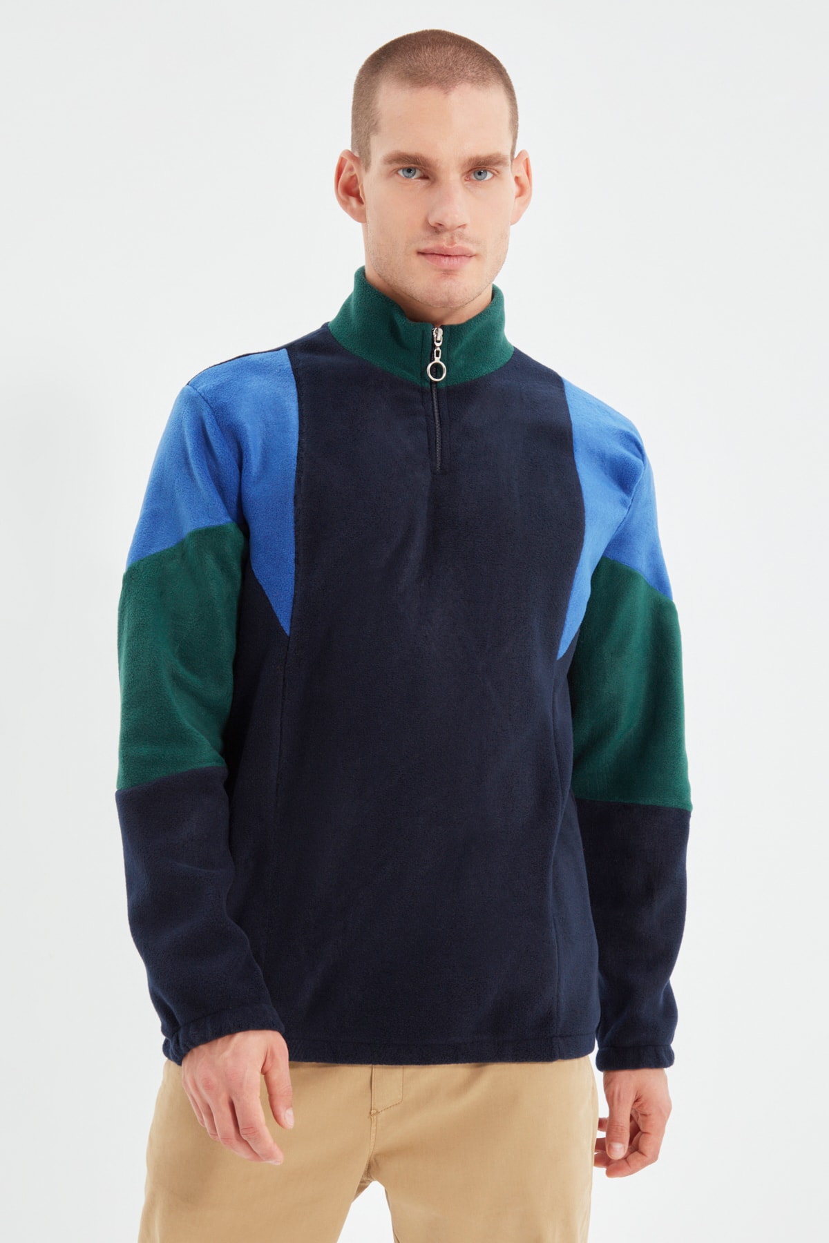 Levně Trendyol Navy Blue Men's Regular/Normal Cut Zippered Stand Collar Color Block Fleece Sweatshirt