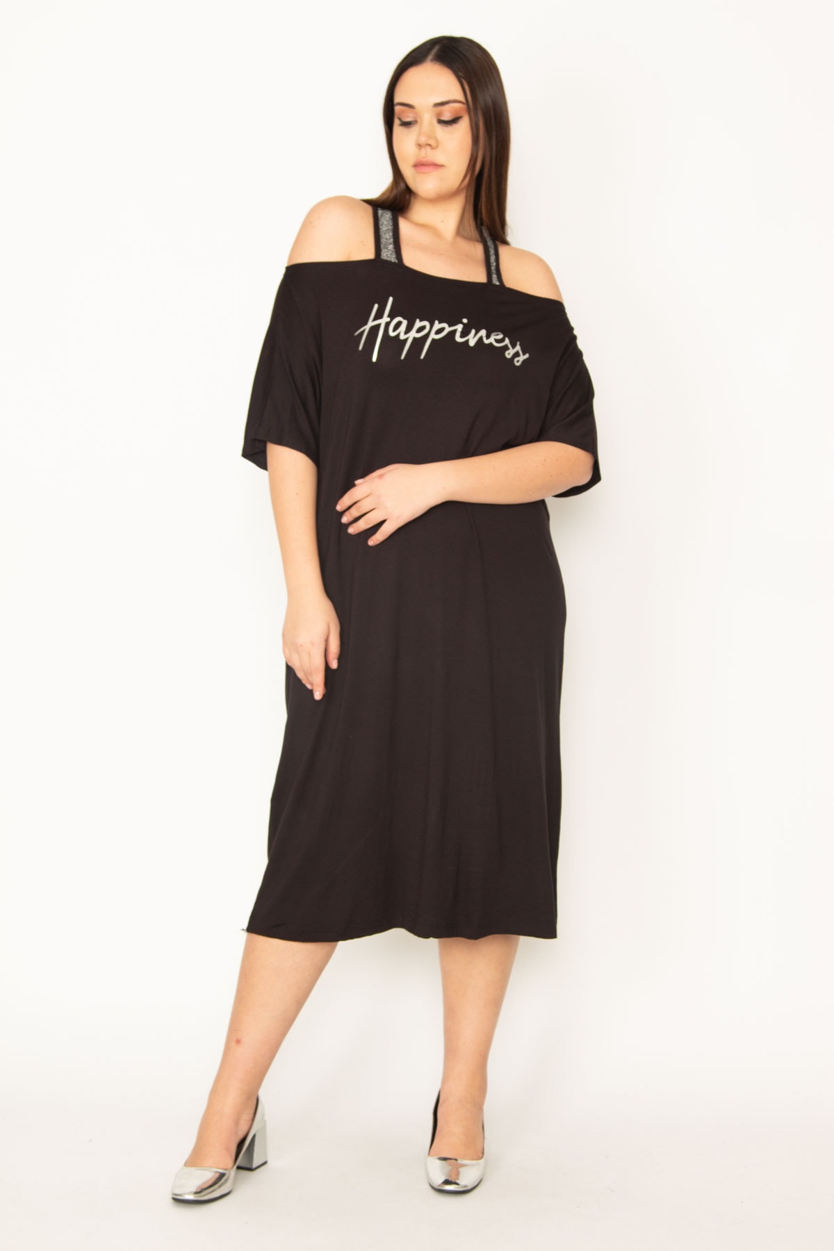 Şans Women's Plus Size Black Silvery Detailed Front Printed Viscose Dress