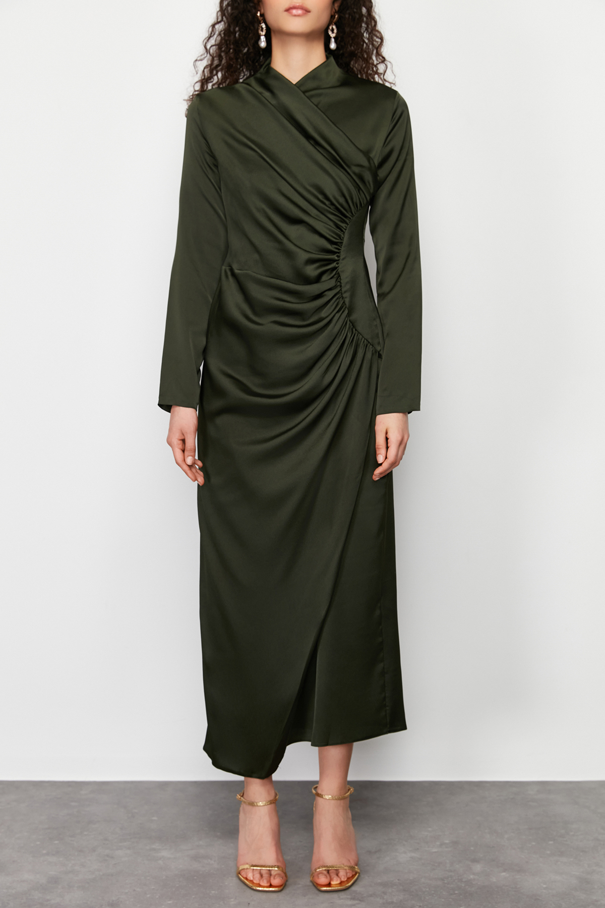 Trendyol Khaki Ruffle Detailed Woven Satin Evening Dress