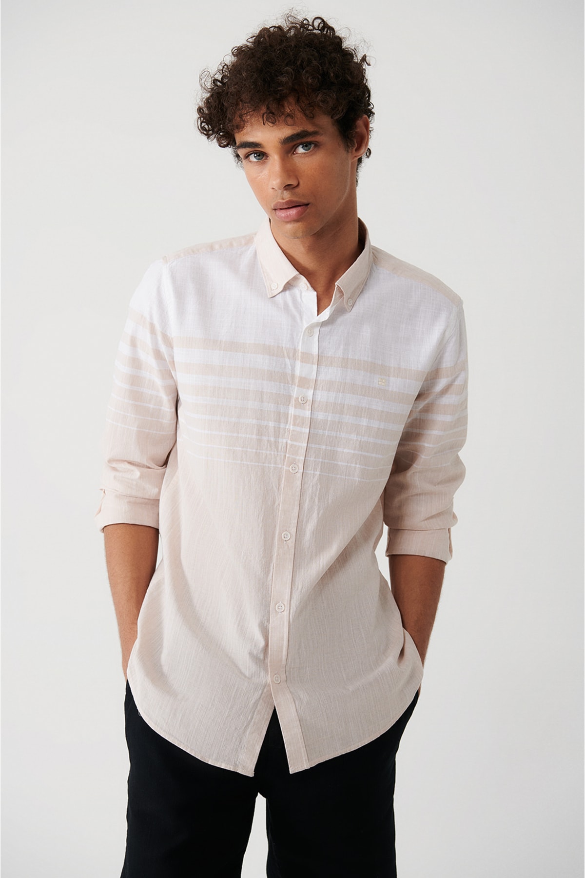 Avva Men's Beige 100% Cotton Button Collar Linen Look Block Striped Slim Fit Slim Fit Shirt