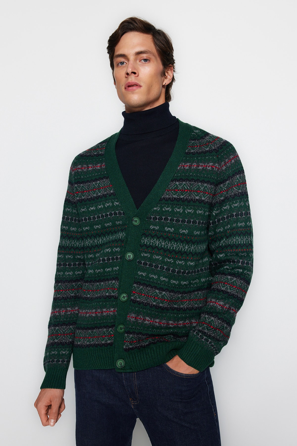 Levně Trendyol Men's Green Slim Fit V Neck Jacquard Knitwear Cardigan