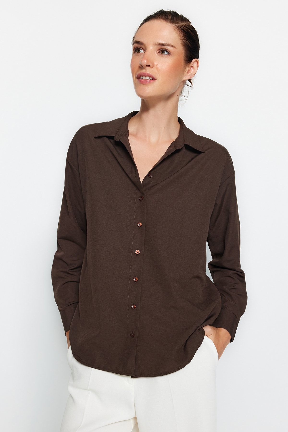 Trendyol Dark Brown Loose Fit Cotton Woven Shirt