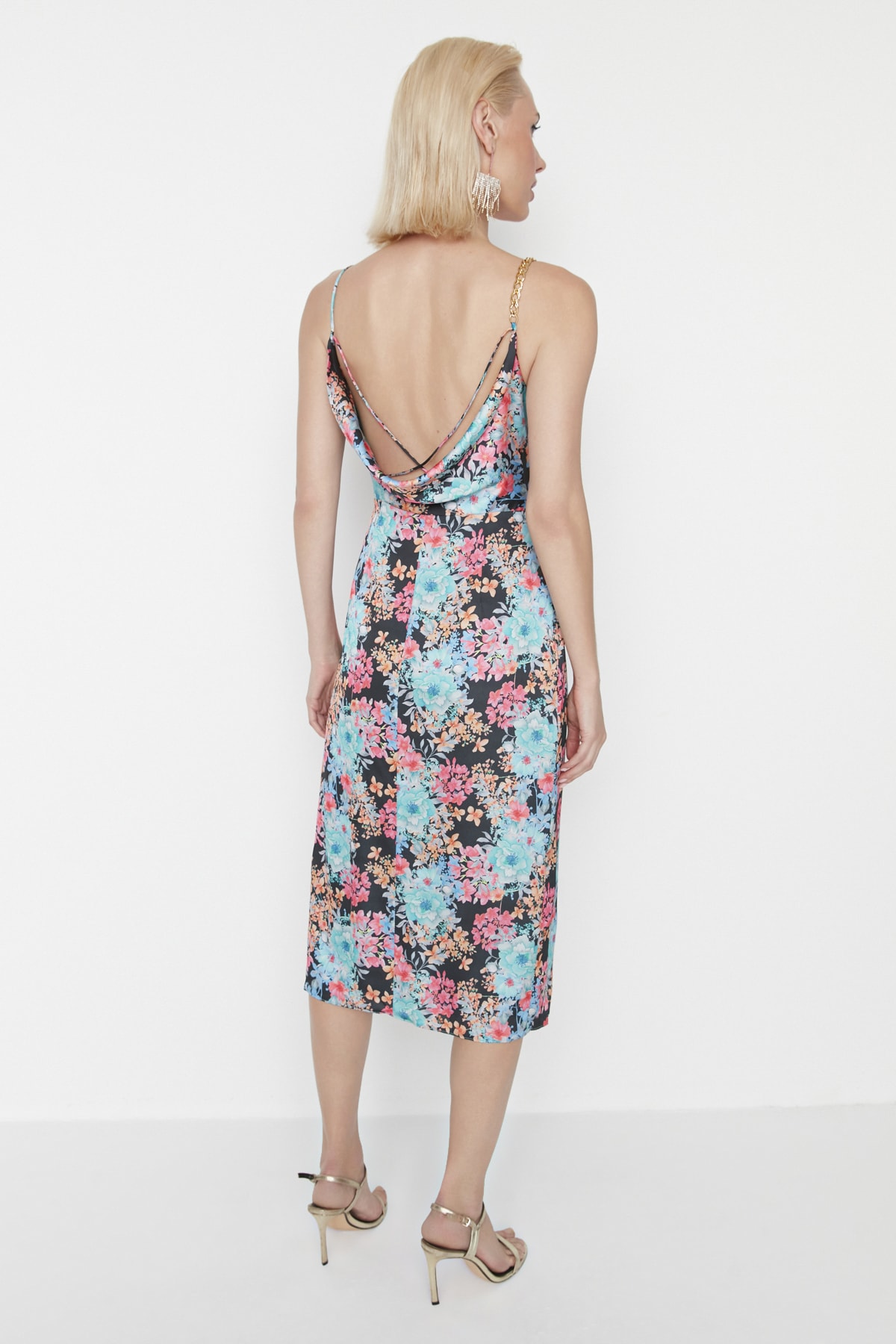 Rochie de seara multicolora cu imprimeu floral negru Trendyol