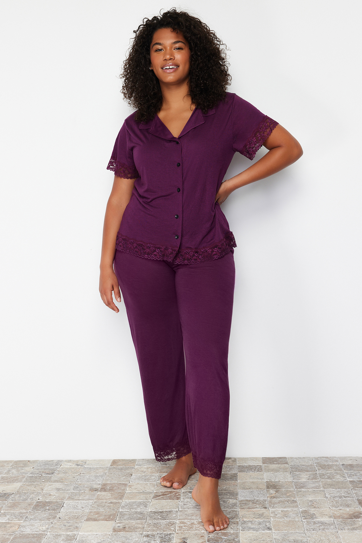 Trendyol Curve Plum Lace Knitted Pajamas Set