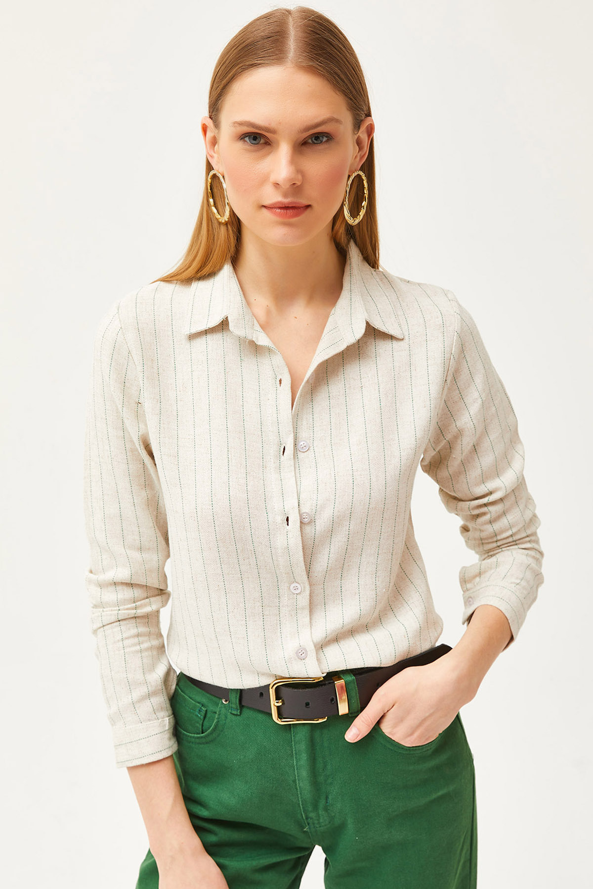 Levně Olalook Women's Stone Green Striped Linen Shirt