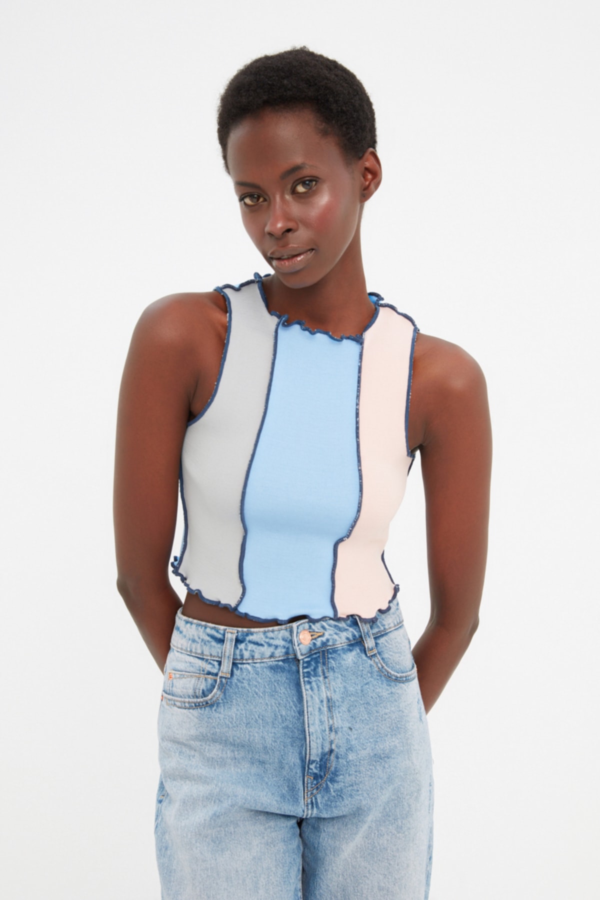 Trendyol Blue Crop Pile Detailed Knitwear Blouse
