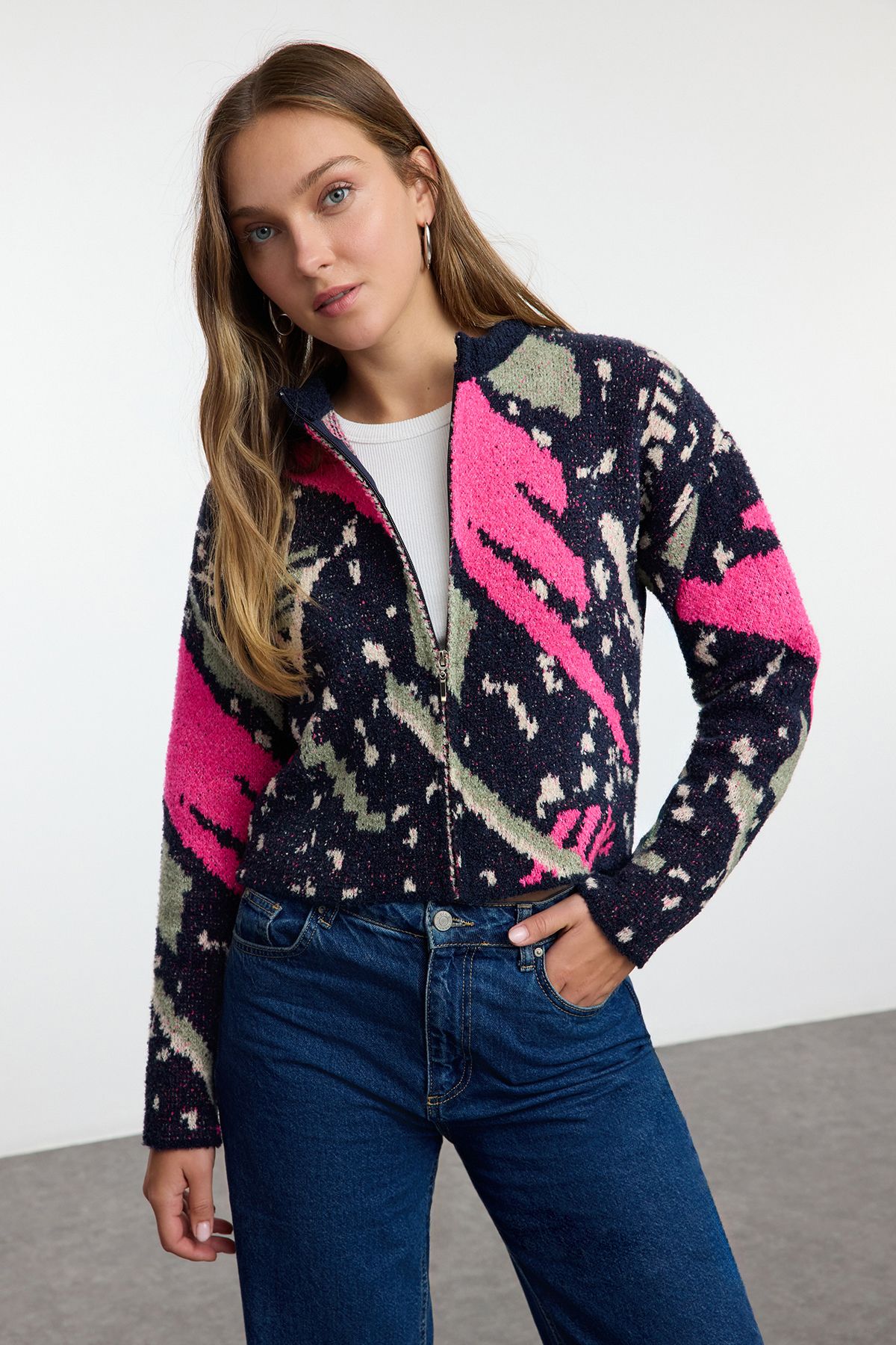 Trendyol Navy Blue Boucle Knit Cardigan