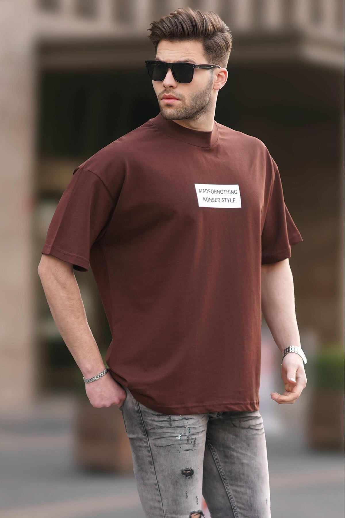 Madmext Brown False Stand Collar Oversize Men&#39;s T-Shirt 7005