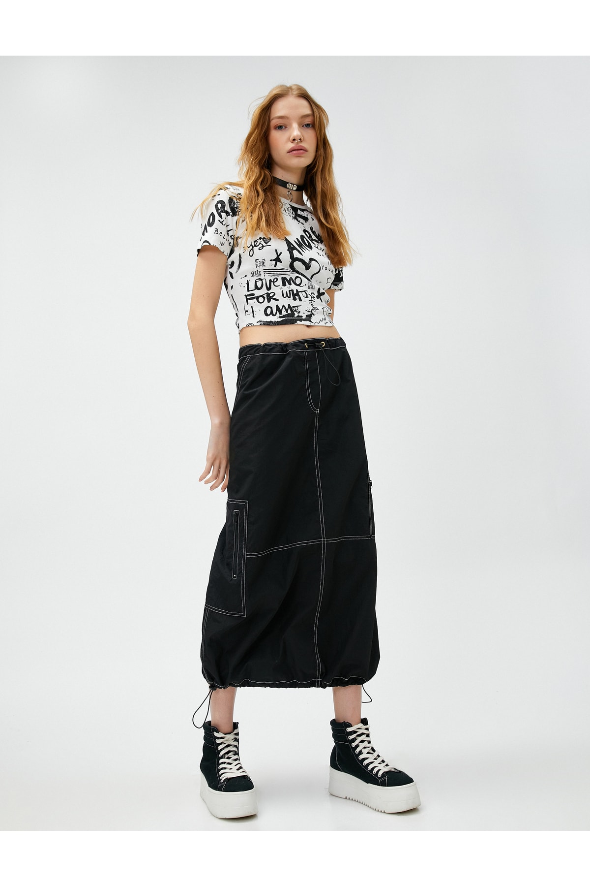 Koton Parachute Skirt Midi With Pocket Stitching Detail Zippered With Stopper.