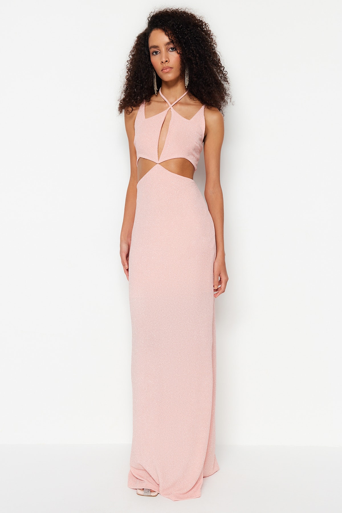 Rochie de seara tricotata Trendyol Powder Lined Sparkling Glittery