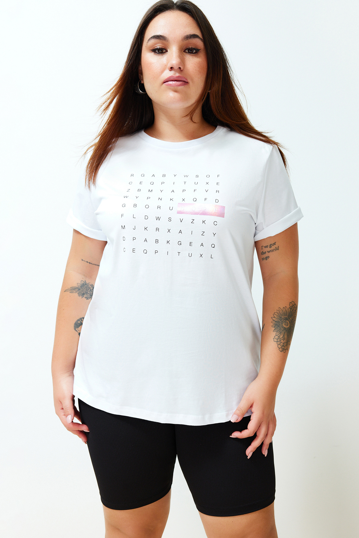 Levně Trendyol Curve White Foil Print Detailed Boyfriend Knitted T-shirt