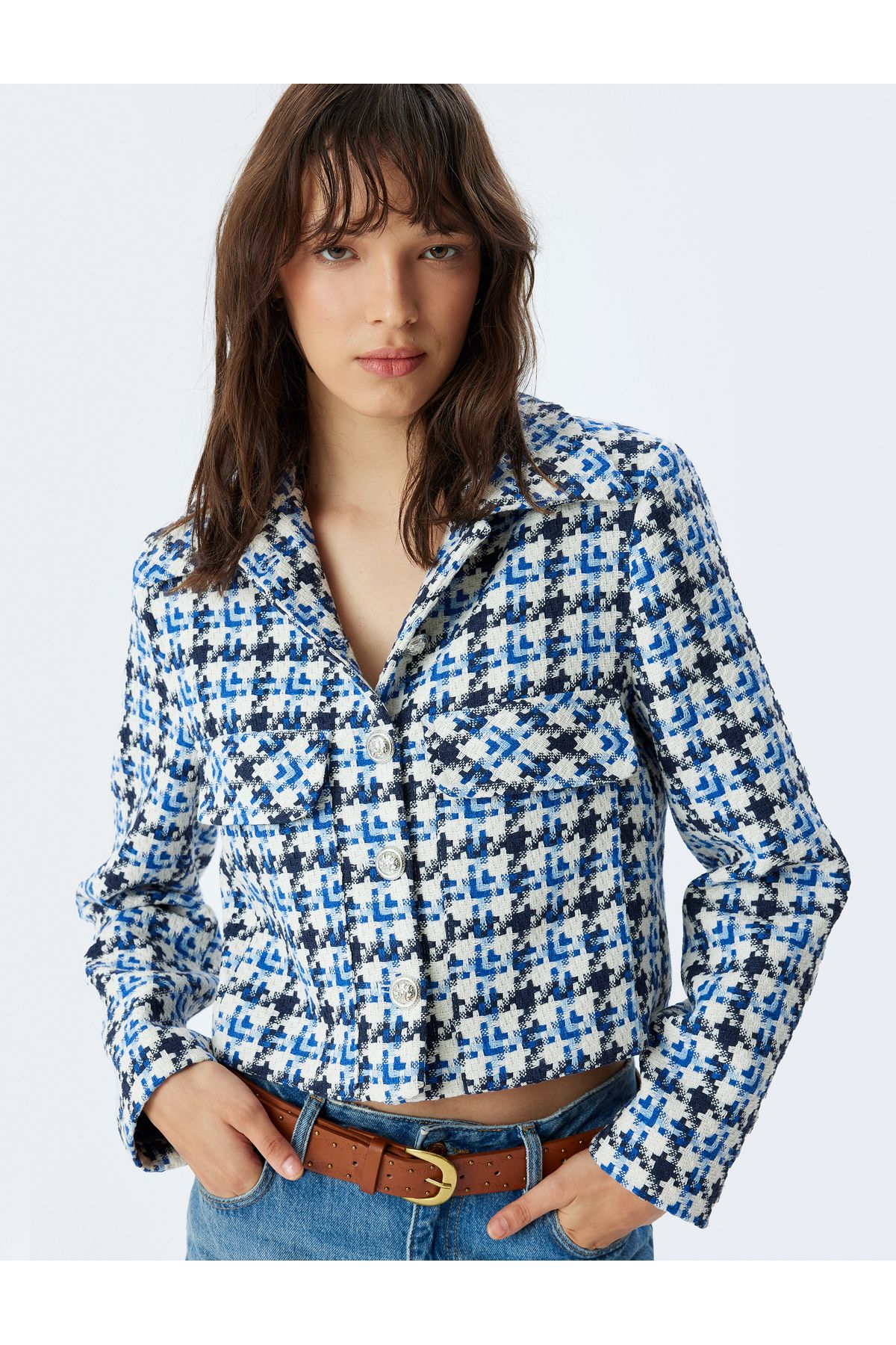 Koton Crop Tweed Jacket Shirt Collar Pocket Detail Buttoned