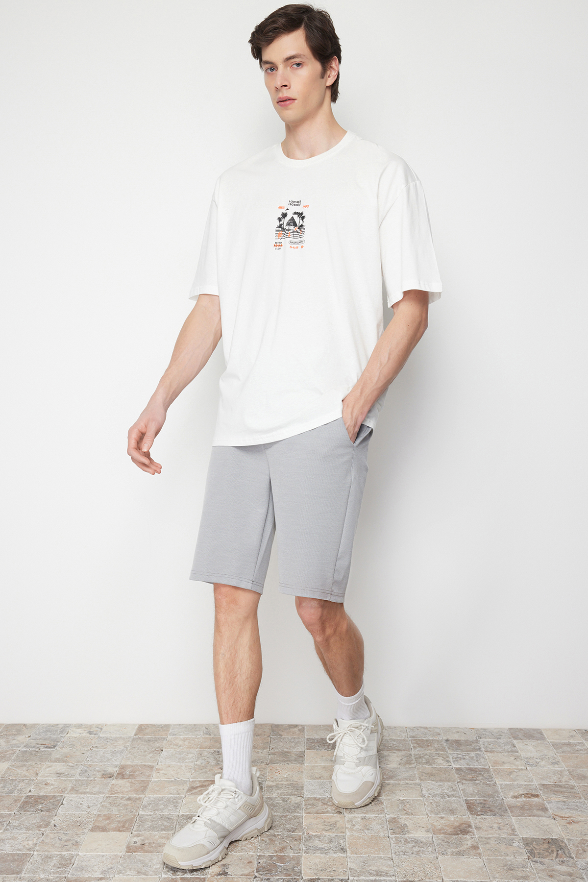 Trendyol Men's Ecru Oversize/Wide-Fit Fluffy Print Game Theme 100% Cotton T-Shirt