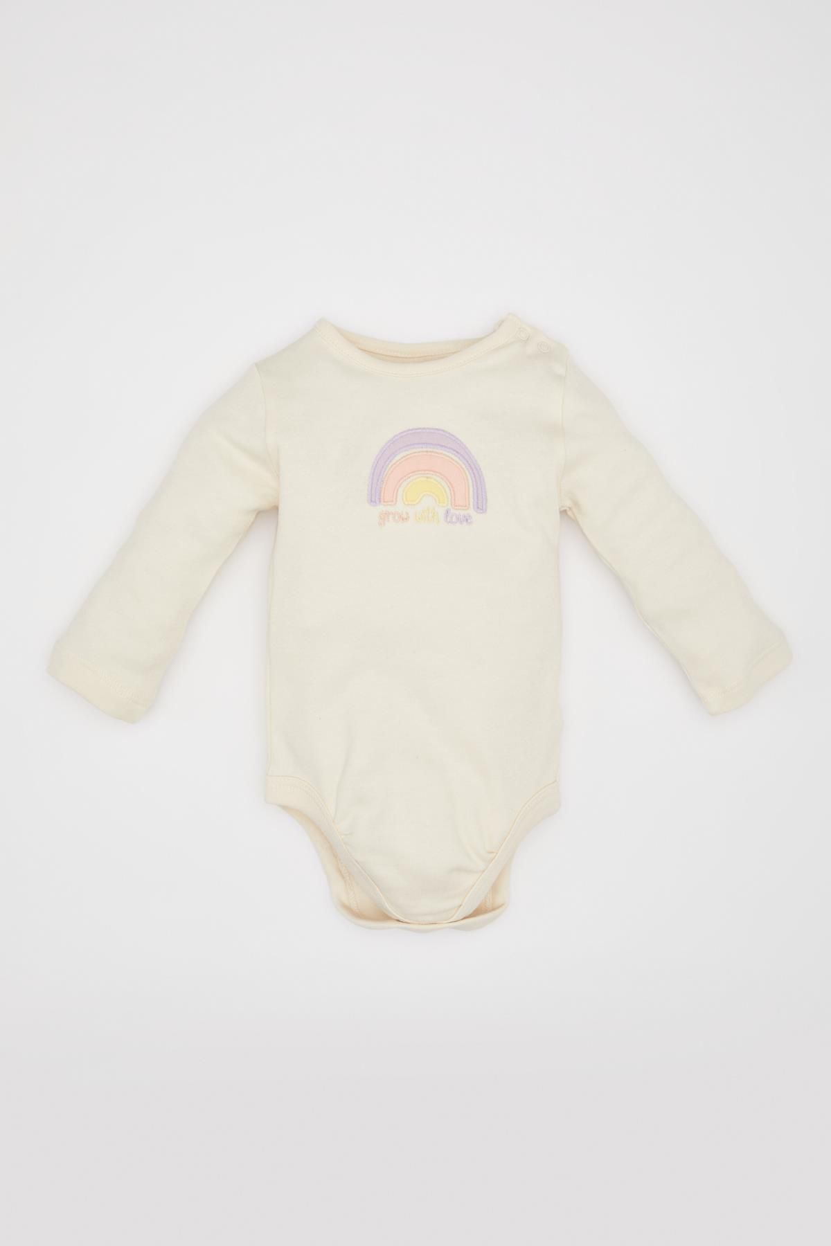 DEFACTO Baby Girl Newborn Crew Neck Rainbow Printed Long Sleeve Snap-On Body B7713a524sp