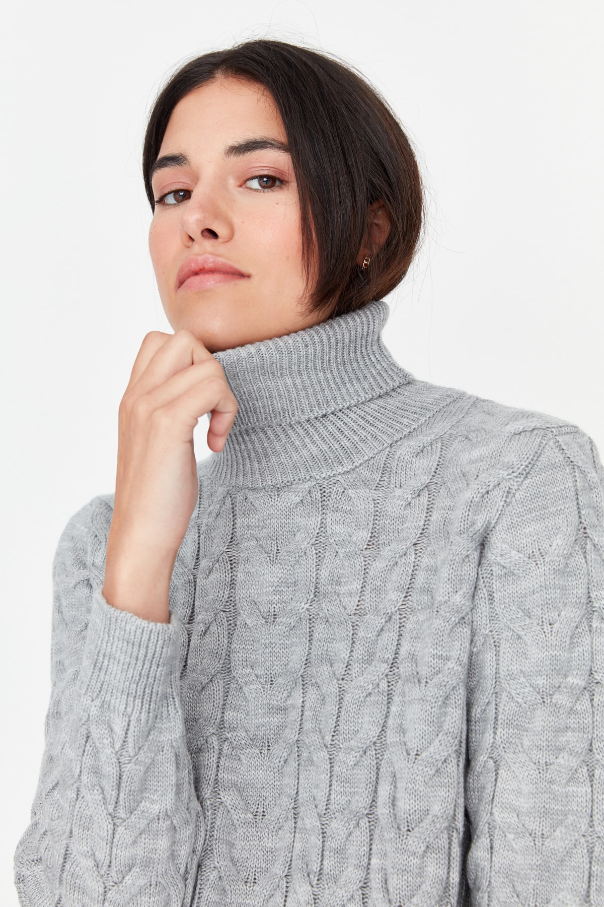 Trendyol Gray Hair Braided Turtleneck Knitwear Sweater