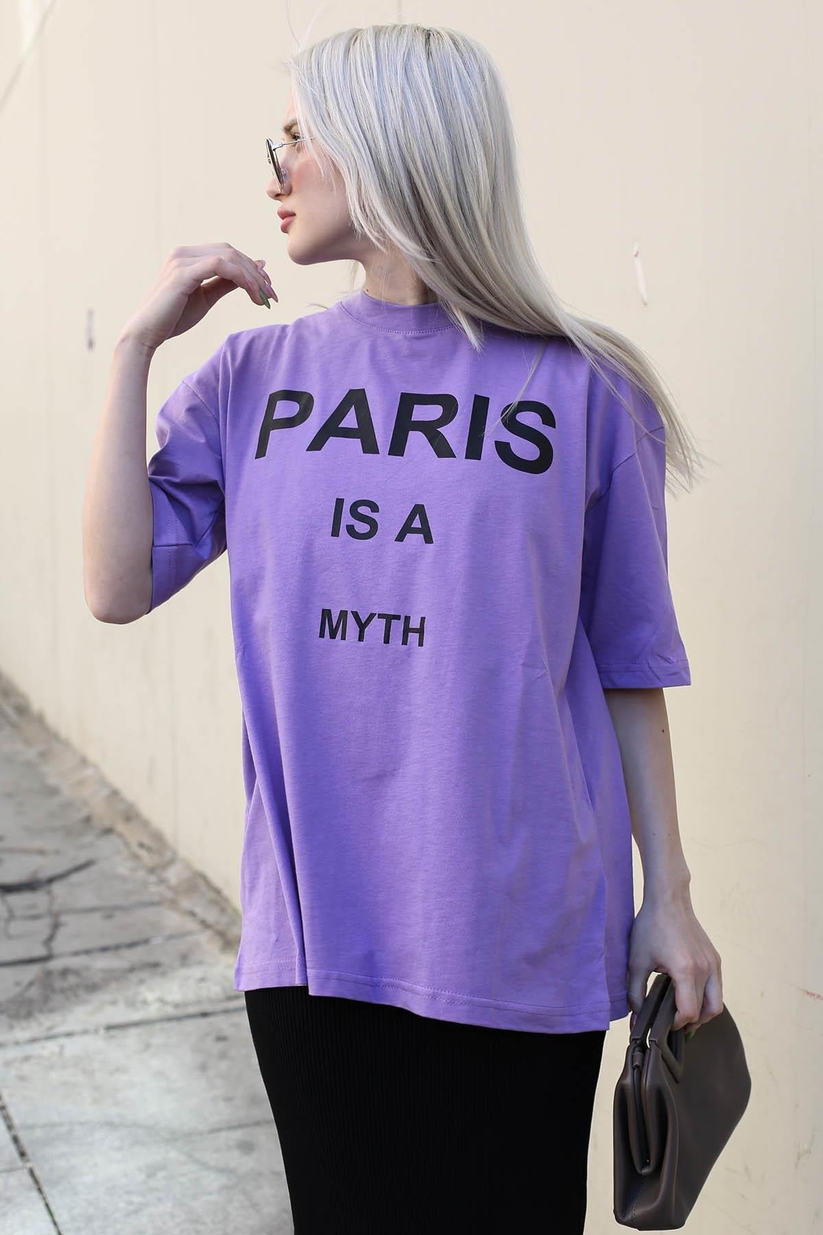 Levně Madmext Women's Lilac Paris Printed T-Shirt