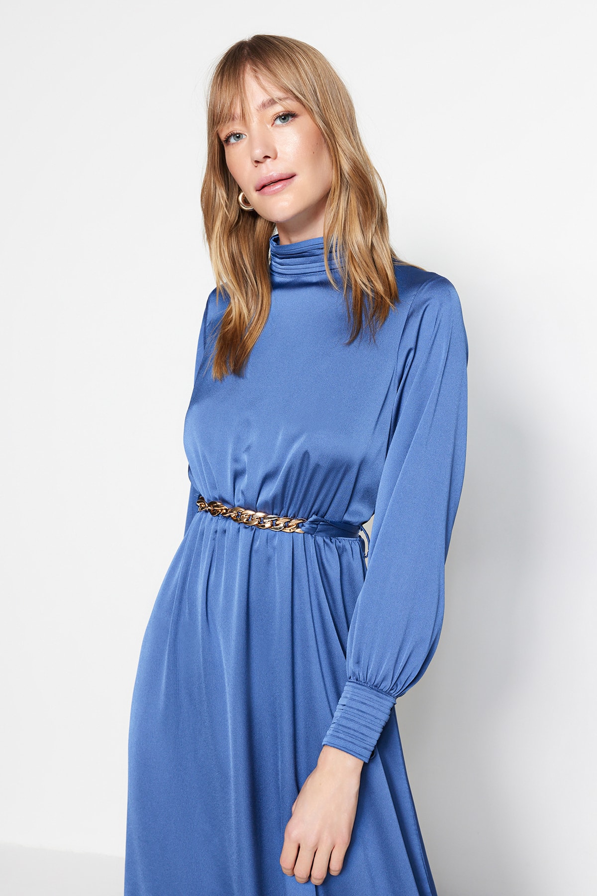 Trendyol Dark Blue Collar and Cuff Draped Detail Belted Woven Evening Dress