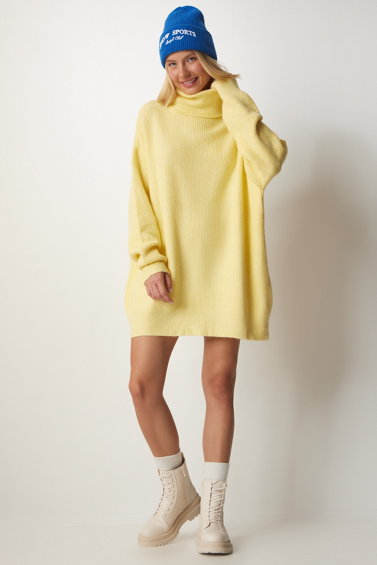 Happiness İstanbul Women's Yellow Turtleneck Long Knitwear Sweater