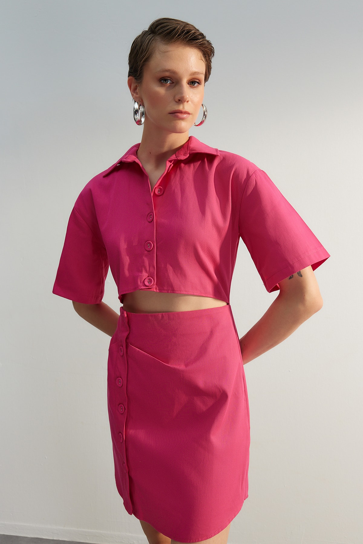Trendyol Limited Edition Fuchsia Shirt Mini Rochie țesută țesută