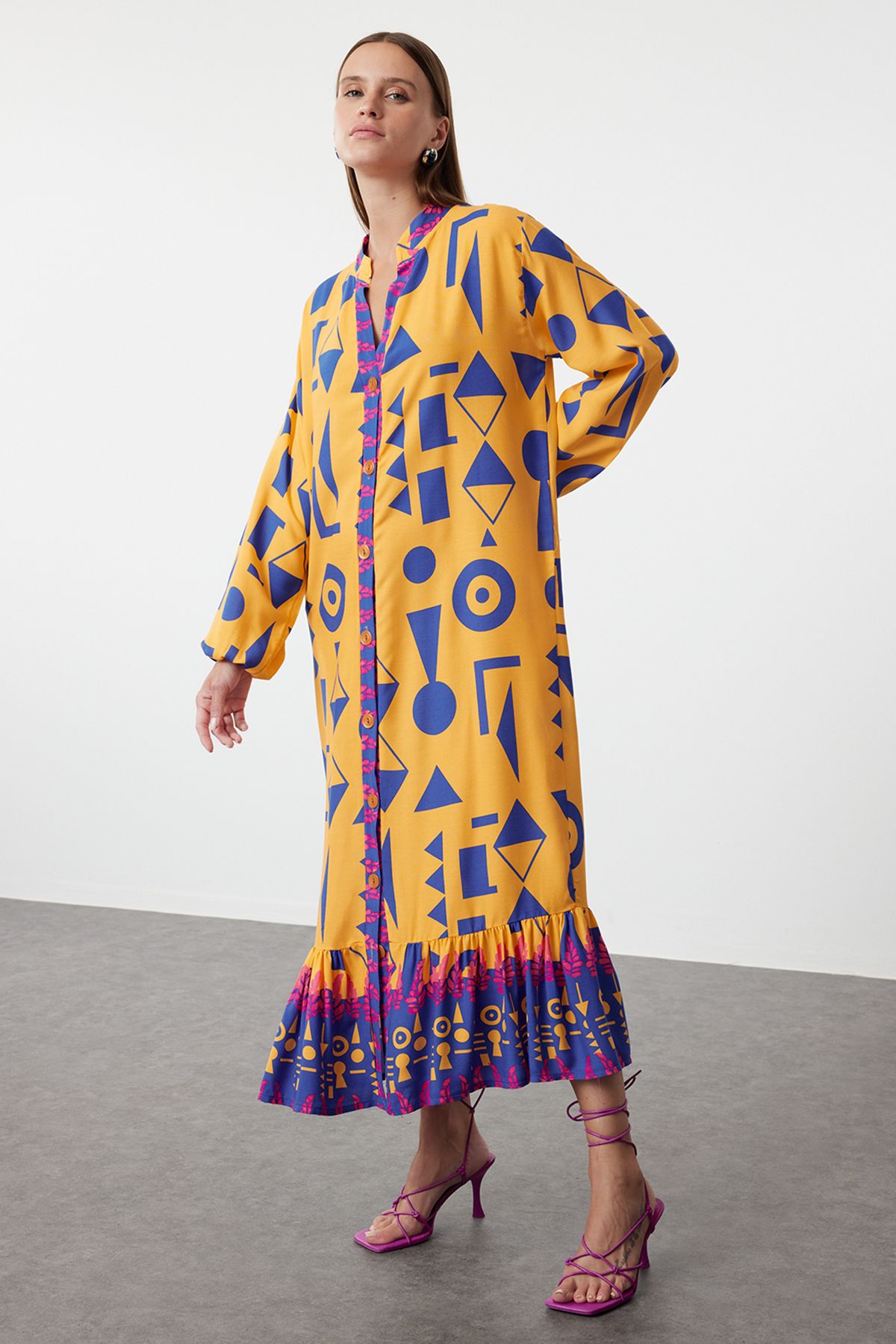 Trendyol Orange Printed Midi Wide Bow Border Pattern Detail Woven Dress Woven Dress