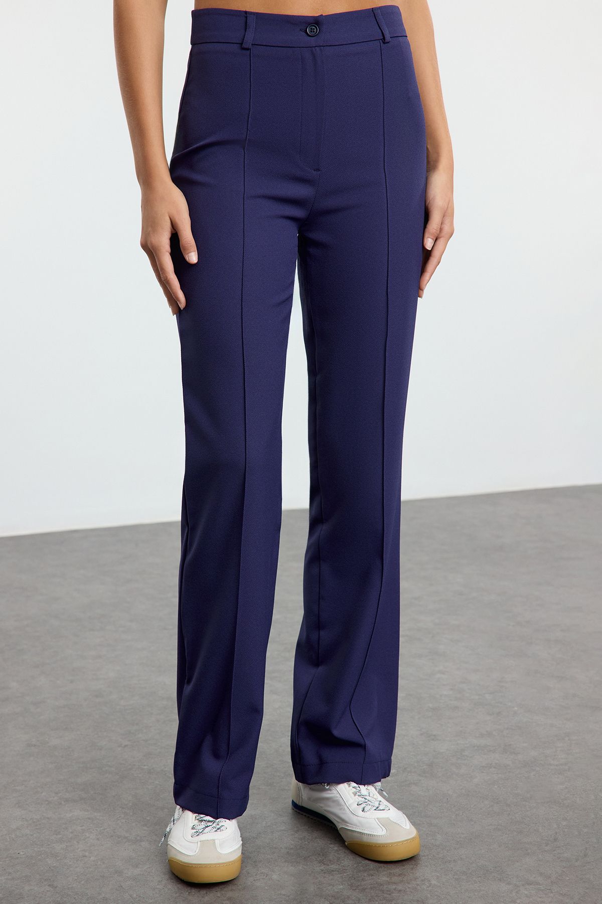 Trendyol bleumarin drept/drept potrivit talie înaltă cu nervuri cusături țesute pantaloni