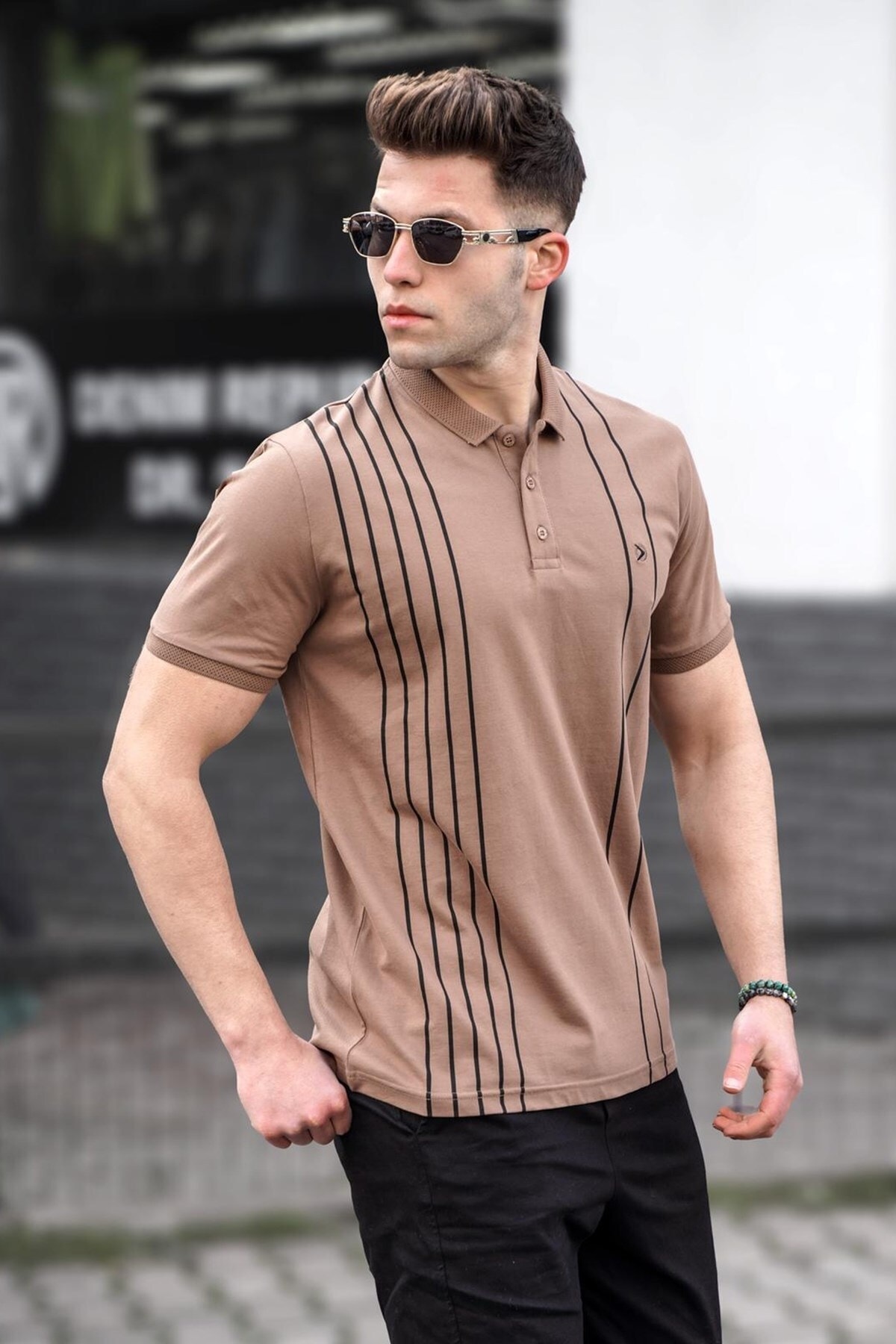 Madmext Men's Polo Collar Brown T-Shirt 5822